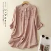 ***Desconto~Nova camisa bordada de algodão e linho estilo chinês para mulheres, nova coleção de verão, comprimento médio, corte solto, mangas de três quartos, roupa de proteção solar