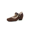 Zapatos Mary Jane Retro de Terciopelo Grueso para Mujer, Cálidos de Invierno, que Aumentan la Altura, Zapatos de Tacón Alto con Punta Cuadrada para Mujeres Bajitas