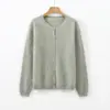 Suéter de lana forrado de polar liso para otoño e invierno, suéter de cachemira para mujer, cárdigan de cuello redondo, prenda exterior casual de punto sin costuras