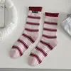 Meias Arrastão Femininas Estilo Miu para Primavera e Verão com Etiquetas de Tecido Listradas, Meias de Cano Médio, Meias Longas Versáteis Estilo Coreano com Punho Duplo para Mulheres