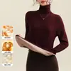 Camiseta interior de lana para mujer con cuello alto apilado, cálida y ajustada, forrada de forro polar y engrosada, con un tacto de alta gama, manga larga para otoño e invierno