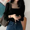 Camisa de base veludo dourado retrô feminina outono e inverno alta qualidade roupa íntima manga longa gola baixa estilo francês manga bufante gola quadrada top