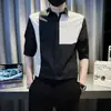 Camisa Elegante de Retazos para Hombre, Manga Corta Casual Fresca de Seda Hielo, Camisa de Verano para Hombre con Cuello Campana y Media Manga