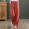 Pantalones Largos de Verano Holgados Pierna Ancha de Lino Algodón Retro Talla Grande para Mujer Pantalones Casuales Monje de Lino Algodón Elástico Artístico de Color Sólido