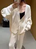 Nuevo Cárdigan de Punto Clásico con Cuello en V, Estilo Perezoso de Primavera y Otoño, Chaqueta Suéter Suave de Color Sólido Holgada, Conjunto de Pantalones Rectos
