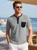 Camiseta Henley de Punto Waffle para Hombre Shein Transfronteriza con Bolsillos de Bloque de Color, Corte Holgado Casual, Tallas Grandes, Manga Corta de Exportación