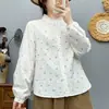 Camisa de manga larga floral de gasa de algodón de doble capa para mujer, nuevo estilo otoño 2026, suave, amigable con la piel, transpirable, top de corte holgado