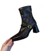 Botas Slim de Tacón Alto con Punta Cuadrada para Mujer Tacón Grueso Francés Otoño e Invierno Nuevas Retro Cremallera Trasera Botines Elásticos de Moda para Mujer