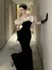 Vestido de Noche Negro de Terciopelo Francés de un Hombro Reunión Anual Elegante Silueta Adelgazante Celebridad Anfitrión Vestido Largo de Cola de Pez
