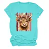 Amazon Wish tienda independiente cómoda, elegante, versátil camiseta de mujer rosa con estampado de lazo y cabeza de toro cuello redondo manga corta