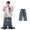 Roupas da Moda Street Dance para Crianças Jeans Largos Desgastados Terno da Moda Hip-Hop para Meninos Roupas Hip Hop para Crianças Performance Infantil