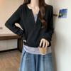 Foto Real Outono e Inverno Novo Tamanho Grande Menina Cheinha Espessado Costura Falsa de Duas Peças Gola V Manga Longa Camisa Básica Cobertura de Carne Slim Inner