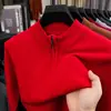 Nuevo suéter de lana de cuello medio alto para hombre, con media cremallera, color liso, cálido tejido de punto, camiseta base agradable para la piel