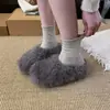 Pantuflas de medio zapato peludas de punta cerrada con suela gruesa para mujer 2026 Invierno Exterior Otoño/Invierno Cálidas Retro Birkenstock Pantuflas Esponjosas