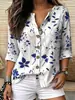Camisa de talla grande con estampado de plantas y flores, estilo transfronterizo europeo y americano, para 2026, cuello en V, botones de madera, manga de tres cuartos, holgada y casual