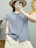 Camisa sem mangas de gaze de algodão dupla camada com gola de babados e estampa xadrez para mulheres, estilo artístico vintage de verão, top 100% algodão macio e amigo da pele