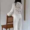 Ropa de Casa de Lujo para Mujer, Nueva Colección Primavera y Otoño de Alta Gama, Personalizada, con Adornos de Encaje, Semitransparente, Manga Larga, Pantalón Largo, Color Rojo Chino
