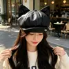 Boina retro estilo coreano para outono e inverno, em PU, com orelhas de gato fofas, para mulheres, faz o rosto parecer menor, versátil e estiloso, chapéu de pintor, chapéu octogonal