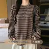 Camiseta Retrô de Manga Longa com Blocos de Cor e Listras, Gola Redonda Pequena, Outono e Inverno para Mulheres, Estilo Preguiçoso, Top Camada Interna, Camada de Base de Manga Longa