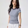 Camiseta Listrada 100% Algodão 220g para Mulheres, Manga Curta, Color-Blocking, Novo Estilo de Verão, Corte Ajustado, Gola Redonda, Top Simples e Versátil
