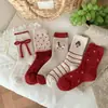 Calcetines para Mujer en Otoño e Invierno Calientes Rojos de Lana Calcetines de Mujer Calcetines de Media Caña con Lazo Lindos de Dibujos Animados Calcetines de Año Nuevo Medias
