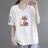 Camiseta Estilo Mãe de Comércio Exterior com Desconto Transfronteiriço, Gola V de Manga Curta para Mulheres, Blusa Estampada de Manga Meia-Manga Soltinha Plus Size para Mulheres