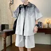 L-9XL Verano Nuevo Talla Grande Traje de Shorts de Manga Corta de Seda Helada para Hombres, Deportivo Casual, Holgado, Transpirable, Estampado y Teñido Degradado