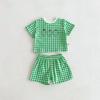 Traje de verano a cuadros de algodón fino para bebés, niños y niñas, camiseta de manga corta con estampado de frutas, pantalones, conjunto de dos piezas