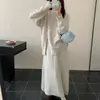 Traje de Suéter de Punto con Diseño de Lazo y Cuello Redondo Estilo Coreano Otoño Holgado y Versátil Conjunto de Dos Piezas con Falda de Punto que Cubre la Carne