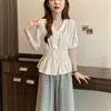 Ropa de mujer talla grande más vendida en el Sudeste Asiático: Nueva camisa elegante de manga corta con cintura entallada, top plisado de moda estilo francés