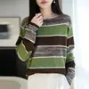 Suéter de punto para mujer, cuello redondo, bloques de color, rayas anchas, diseño calado, manga larga, estilo pullover, verde y marrón retro, top holgado y casual