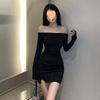 Vestido de Falda Irregular Larga con Manga Larga Incrustado de Diamantes Ajustado para Mujer Otoño Temprano Nuevo Falda Negra