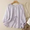Camisa de Manga Larga Casual Holgada con Cuello Redondo, Estilo Moda, Cordones, Encaje Elegante, Doble Cara, Verano 2026