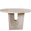 Mesa de centro de bay window em travertino natural, mesa de chá redonda em travertino off-white com ranhura em forma de U, mesa de sala de estar estilo creme, feito sob medida