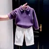 Ropa Infantil Coreana 2026 Primavera/Otoño Nuevo Estilo Bordado Morado Cremallera Cuello Polo Suéter Conjunto de Pantalones Anchos Casuales para Niños