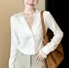 Camisa de Renda Falsa Duas Peças com Decote V e Manga Longa para Mulheres, Nova Moda Primavera 2026, Blusa de Linho Única e Super Estilosa