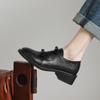 Zapatos de piel de vacuno con doble lazo muy artísticos y dulces primavera 2025 tacón medio grueso punta redonda cuero boca profunda zapatos de una sola capa para mujer