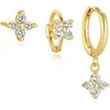 Brincos de Flor de Zircônia Moda Transfronteiriça Europeia e Americana para Mulheres, Tarraxas de Trevo de Quatro Folhas, Presilhas de Orelha, Pingentes de Orelha, Conjunto de Brincos de Três Peças