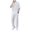 Camisa polo americana retrô transfronteiriça, camiseta masculina da moda com retalhos coloridos, conjunto de seda gelada de caimento solto para homens no verão