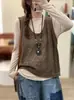 Novedad Otoño 2026 Chaleco de Punto Calado de Hilo de Algodón Vintage con Cuello Redondo y Botones, Chaleco Holgado Casual para Mujer