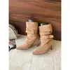 Zapatos de Mujer Estilo Coreano 2026 Punta Fina Tacón de Aguja Botas Apiladas Mujer Hebilla de Cuero Botas de Media Caña Fruncidas Botas de Moda Estilo Occidental