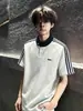 Camiseta Unisex de Verano 21 Hilos Dobles 230g Peso Pesado Estampado de Tres Rayas Manga Raglán Holgada Manga Corta Cuello Redondo Gris