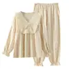 Novedad Primavera/Otoño 2026 Ropa de Casa para Mujer Gasa de Algodón Puro Encaje Cuello Redondo Manga Larga Pantalones Largos Pijama Holgado para Casa