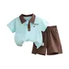 Traje de Manga Corta para Niños 25 Verano Nuevo Estilo Estilo Bebé Solapa Diagonal Camisa Polo Shorts Conjunto de Dos Piezas Ropa de Verano para Niños