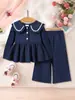 Ropa Infantil Estilo Coreano, Nuevo Conjunto de Primavera y Otoño para Niñas, Versátil Casual Elegante, Solapa Grande, Algodón Puro, Amigable con la Piel, Pantalones Largos, Conjunto de Dos Piezas