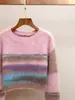 Shenzhen Nanyou Elegante Feminino Inverno Novo Estilo Francês Redutor de Idade Gola Redonda Contrastante Listrado Curto Pelúcia Malha