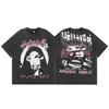 2025 Camiseta Casual Holgada Retro de Manga Corta Unisex Tendencia Americana High Street Estrella del Infierno Infierno Estampado Pesado