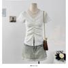 Tejido de punto con borde de encaje, cuello en V, manga corta para mujer, verano, top plisado ajustado con abertura y cuentas para mujer