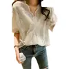 Top Holgado Talla Grande 1688 con Encaje Calado de Ganchillo Estilo Coreano Sexy Cuello en V Talla Grande Camiseta de Manga Corta Versátil