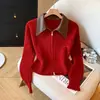 Cárdigan de Punto Acanalado con Doble Cremallera y Cuello de Piel en Contraste, Nueva Moda Otoño e Invierno Versátil Estilo Perezoso Suéter Casual